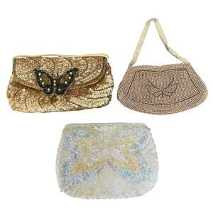 Vintage Butterfly Elegant Sequin Beaded Pearl Clutch Set Gold Silver Cream Lot